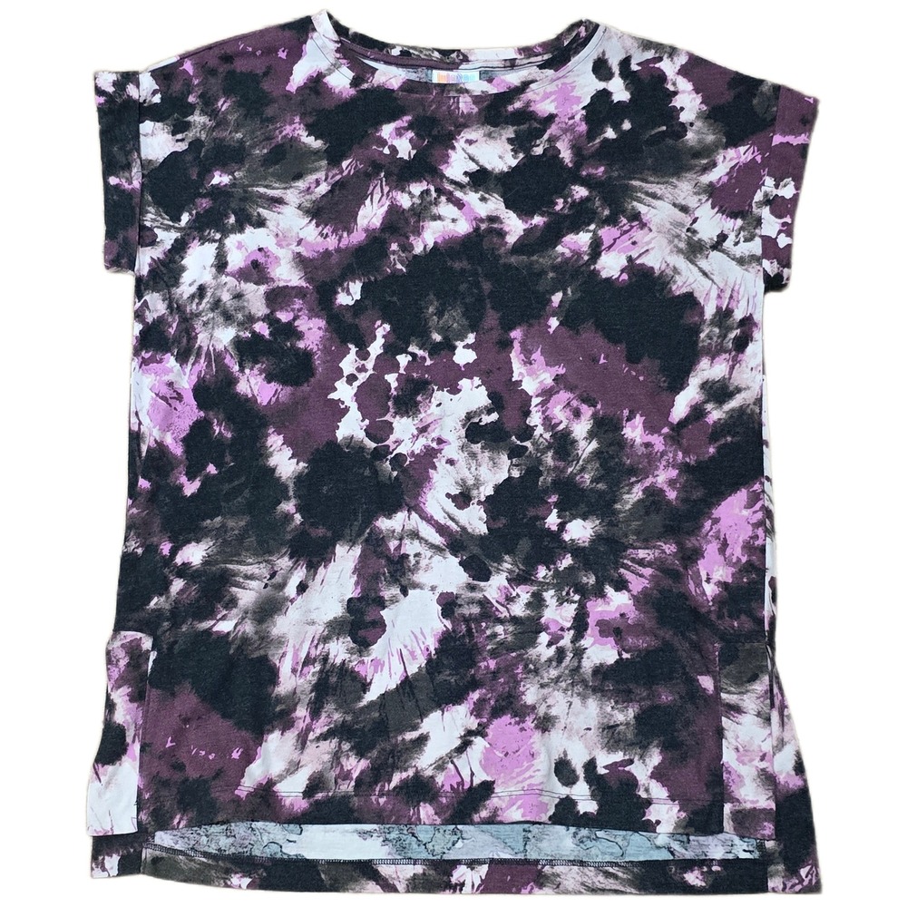 LuLaRoe Liv T Shirt Womens XS Purple Black Tie Dye Crew Neck Cuffed Short Sleeve